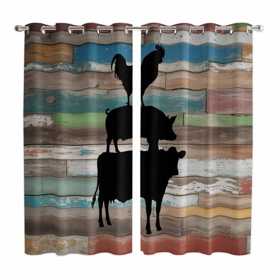 Curtains 63 Inch Length 2 Panels, Farmhouse Wooden Grain Grommets Window Treatment Curtain, Vintage Country Cow Pig Chickens Thermal Curtains Drapes for Living Room/Bathroom