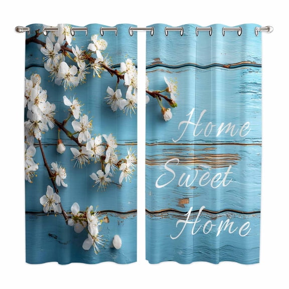 Curtains 63 Inch Length 2 Panels, Farmhouse Wooden Grain Grommets Window Treatment Curtain, Vintage Shabby Chic Flower Blue Thermal Curtains Drapes for Living Room/Bathroom