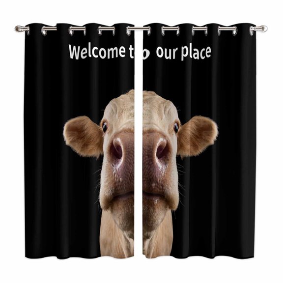 Curtains 63 Inch Length 2 Panels, Funny Cow Grommets Window Treatment Curtain, Welcome To OUR Place Modern Retro Thermal Curtains Drapes for Living Room/Bathroom