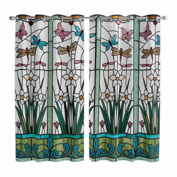 Curtains 63 Inch Length 2 Panels, Green Butterfly Flower Grommets Window Treatment Curtain, Stained Glass Dragonfly Floral Plant Thermal Curtains Drapes for Living Room/Bathroom