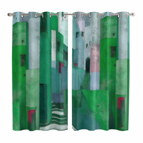 Curtains 63 Inch Length 2 Panels, Green Geometric Grommets Window Treatment Curtain, Abstract Art Modern Painting Thermal Curtains Drapes for Living Room/Bathroom