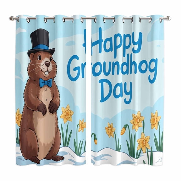 Curtains 63 Inch Length 2 Panels, Happy Groundhog Day Grommets Window Treatment Curtain, Cartoon Cute Ground Hog Flowers Sky Blue Thermal Curtains Drapes for Living Room/Bathroom
