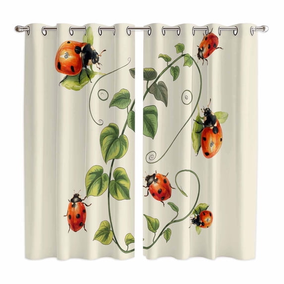 Curtains 63 Inch Length 2 Panels, Ladybugs Eucalyptus Grommets Window Treatment Curtain, Spring Botanical Leaves Green Thermal Curtains Drapes for Living Room/Bathroom