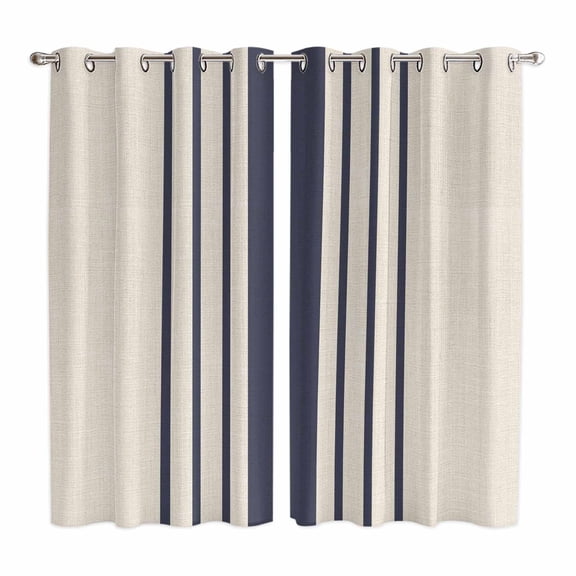 Curtains 63 Inch Length 2 Panels, Midnight Blue Striped Grommets Window Treatment Curtain, Beige Geometric Modern Art Thermal Curtains Drapes for Living Room/Bathroom