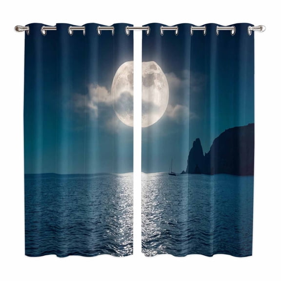 Curtains 63 Inch Length 2 Panels, Moonlight Sea Night Grommets Window Treatment Curtain, Abstract Modern Art Ocean Cloud Thermal Curtains Drapes for Living Room/Bathroom