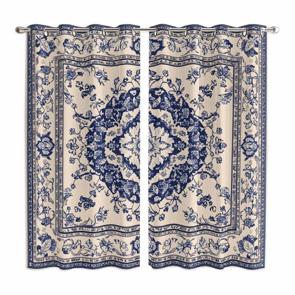 Curtains 63 Inch Length 2 Panels, Navy Blue Boho Grommets Window Treatment Curtain, Ethnic Vintage Southwestern Geometric Thermal Curtains Drapes for Living Room/Bathroom