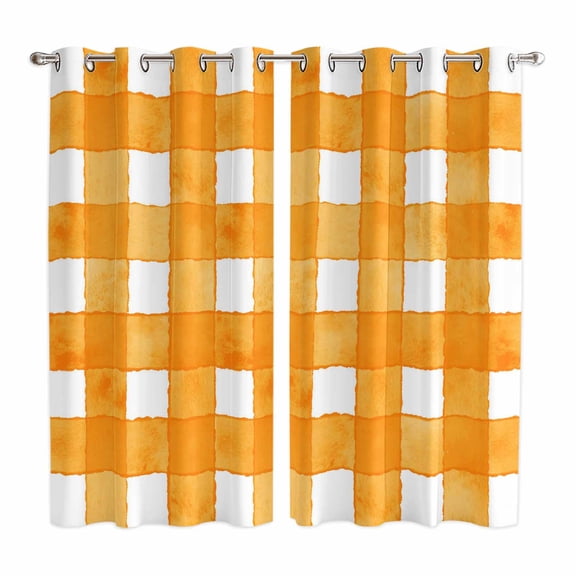 Curtains 63 Inch Length 2 Panels, Orange Plaid Grommets Window Treatment Curtain, Watercolor Grid Checker Gingham Farmhouse Thermal Curtains Drapes for Living Room/Bathroom