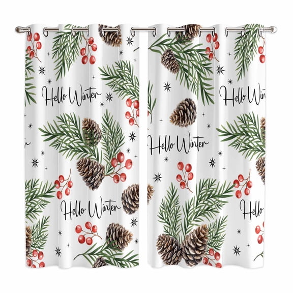 Curtains 63 Inch Length 2 Panels, Pine Cones Grommets Window Treatment Curtain, Winter Branches Berry Snowflakes Plants Thermal Curtains Drapes for Living Room/Bathroom