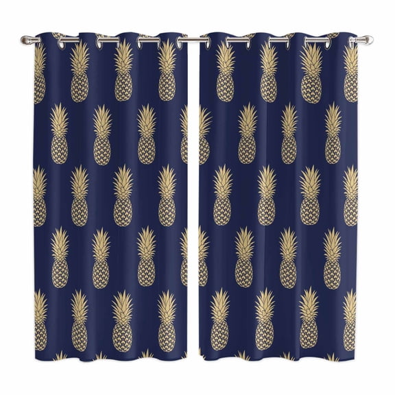 Curtains 63 Inch Length 2 Panels, Pineapple Grommets Window Treatment Curtain, Yellow Fruit Navy Blue Summer Tropical Thermal Curtains Drapes for Living Room/Bathroom