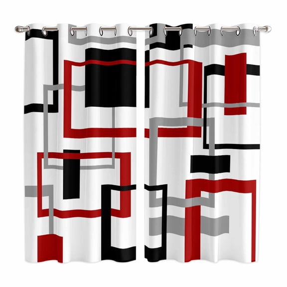 Curtains 63 Inch Length 2 Panels, Red Black Geometric Grommets Window Treatment Curtain, Farmhouse Minimalist Abstract Art Thermal Curtains Drapes for Living Room/Bathroom