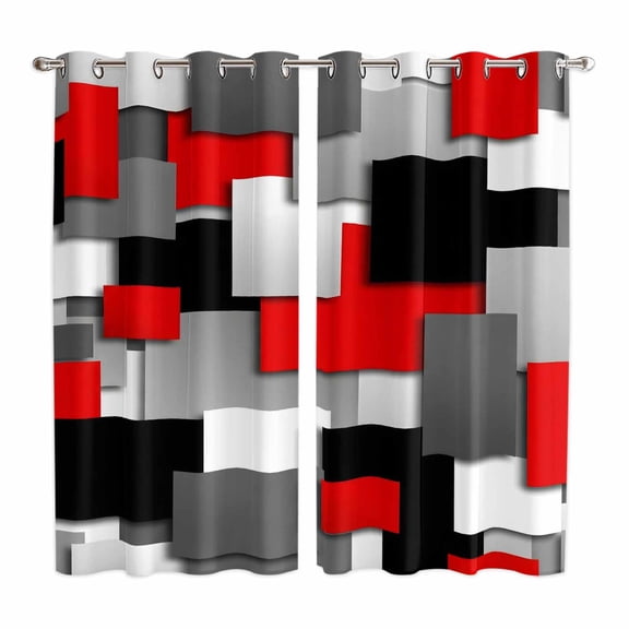 Curtains 63 Inch Length 2 Panels, Red Black Geometric Grommets Window Treatment Curtain, Modern Abstract Art Block Thermal Curtains Drapes for Living Room/Bathroom