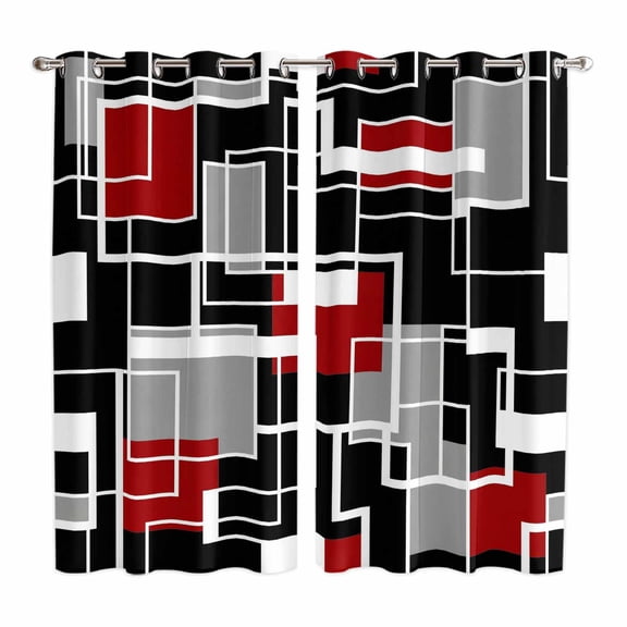 Curtains 63 Inch Length 2 Panels, Red Black Geometric Grommets Window Treatment Curtain, Modern Color Block Abstract Thermal Curtains Drapes for Living Room/Bathroom