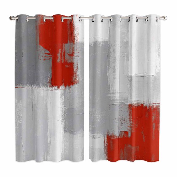 Curtains 63 Inch Length 2 Panels, Red Grey Grommets Window Treatment Curtain, Abstract Geometric Color Block Oil Painting Thermal Curtains Drapes for Living Room/Bathroom