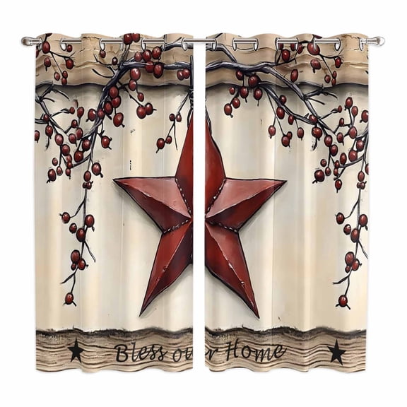 Curtains 63 Inch Length 2 Panels, Red Texas Star Rustic Grommets Window Treatment Curtain, Country Star Berries Wooden Thermal Curtains Drapes for Living Room/Bathroom