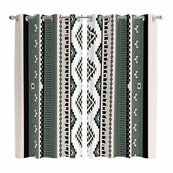 Curtains 63 Inch Length 2 Panels, Sage Green Boho Grommets Window Treatment Curtain, Vintage Ethnic Tribe Retro Abstract Art Thermal Curtains Drapes for Living Room/Bathroom