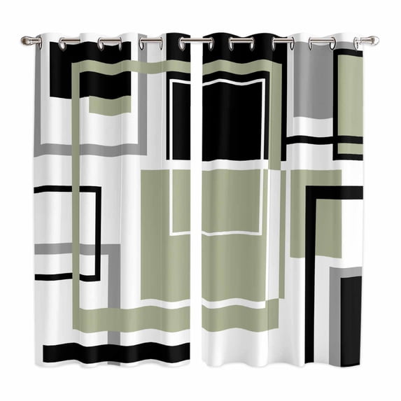 Curtains 63 Inch Length 2 Panels, Sage Green Geometric Grommets Window Treatment Curtain, Black Gray Abstract Striped Art Thermal Curtains Drapes for Living Room/Bathroom