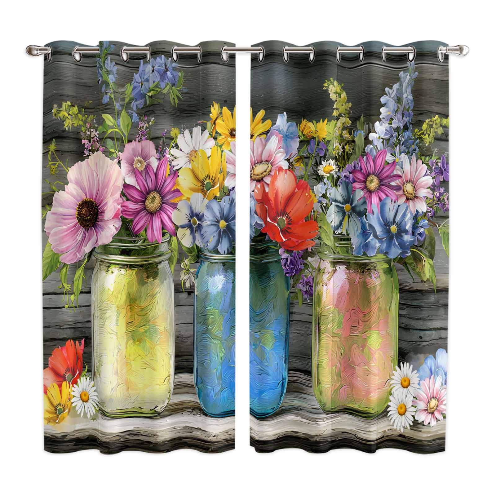 Curtains 63 Inch Length 2 Panels, Spring Flowers Grommets Window ...