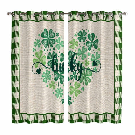 Curtains 63 Inch Length 2 Panels, St. Patrick's Day Grommets Window Treatment Curtain, Love Lucky Shamrock Green Plaid Linen Thermal Curtains Drapes for Living Room/Bathroom