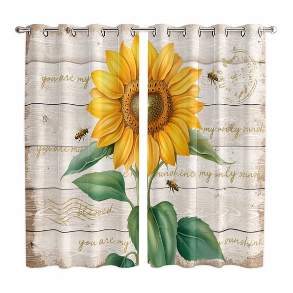 Curtains 63 Inch Length 2 Panels, Sunflower Grommets Window Treatment Curtain, Yellow Summer Botanical Bee Vintage Wooden Thermal Curtains Drapes for Living Room/Bathroom
