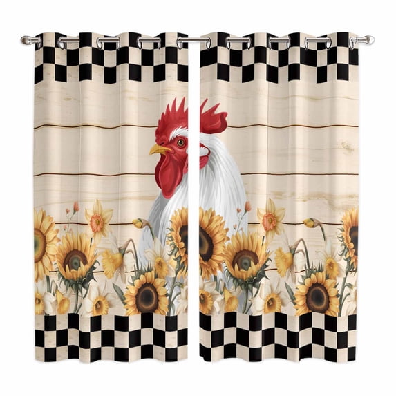 Curtains 63 Inch Length 2 Panels, Sunflowers Rooster Grommets Window Treatment Curtain, Farmhouse Vintage Beige Wooden Plaid Thermal Curtains Drapes for Living Room/Bathroom