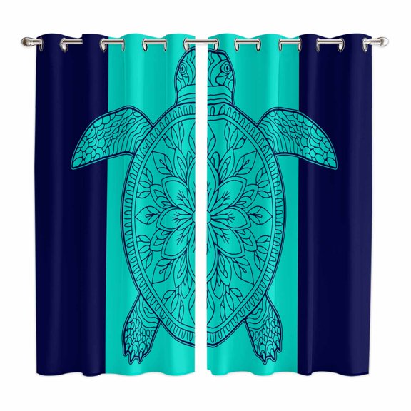 Curtains 63 Inch Length 2 Panels, Turtle Mandalas Grommets Window Treatment Curtain, Boho Modern Abstract Blue Stripe Summer Thermal Curtains Drapes for Living Room/Bathroom