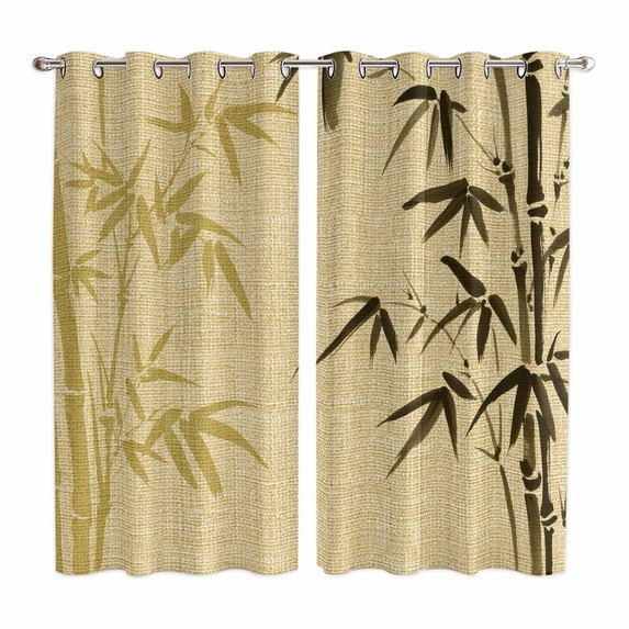Curtains 63 Inch Length 2 Panels, Vintage Bamboos Grommets Window Treatment Curtain, Ink Painting Retro Art Rustic Thermal Curtains Drapes for Living Room/Bathroom