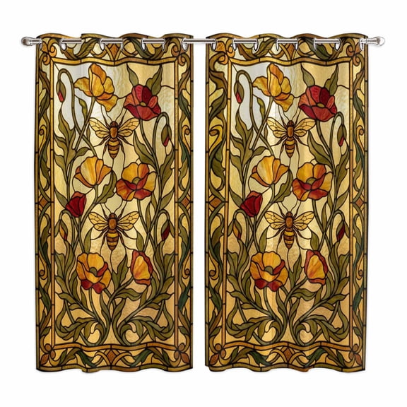 Curtains 63 Inch Length 2 Panels, Vintage Bees Grommets Window Treatment Curtain, Country Retro Animal Flowers Yellow Brown Thermal Curtains Drapes for Living Room/Bathroom
