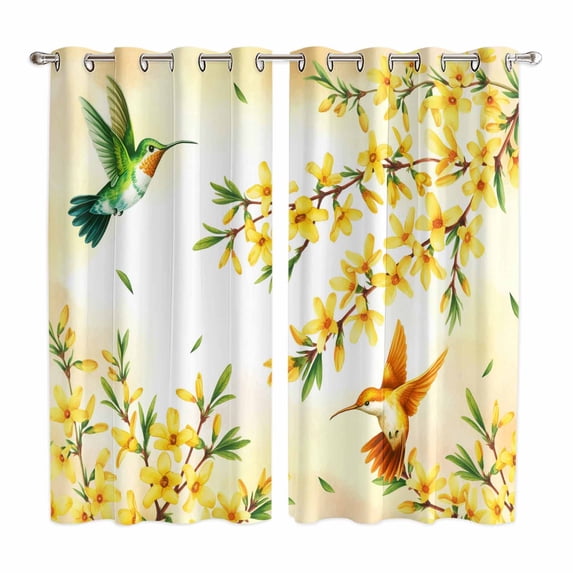 Curtains 63 Inch Length 2 Panels, Watercolor Floral Grommets Window Treatment Curtain, Yellow Flower Hummingbirds Botanical Spring Thermal Curtains Drapes for Living Room/Bathroom