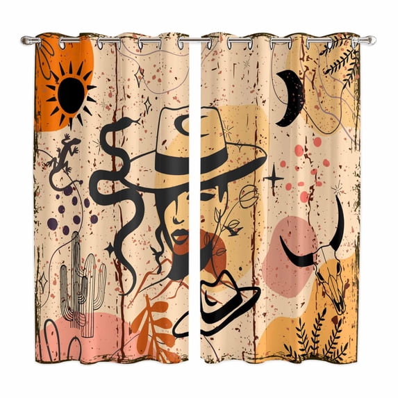 Curtains 63 Inch Length 2 Panels, Western Boho Grommets Window Treatment Curtain, Vintage Cowboys Abstract Cactus Plant Brown Thermal Curtains Drapes for Living Room/Bathroom