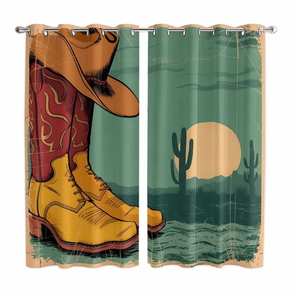 Curtains 63 Inch Length 2 Panels, Western Cowboys Grommets Window Treatment Curtain, Country Cartoon Shoes Hats Cactus Moon Thermal Curtains Drapes for Living Room/Bathroom