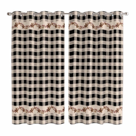 Curtains 63 Inch Length 2 Panels, Western Texas Star Retro Grommets Window Treatment Curtain, Country Vintage Black Beige Plaid Thermal Curtains Drapes for Living Room/Bathroom
