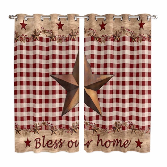 Curtains 63 Inch Length 2 Panels, Western Texas Star Vintage Grommets Window Treatment Curtain, Rustic Wreath Wood Red Plaid Thermal Curtains Drapes for Living Room/Bathroom