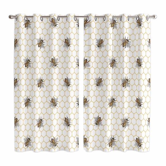 Curtains 63 Inch Length 2 Panels, Yellow Bees Grommets Window Treatment Curtain, Honeybee Geometric Hive Simple Pastoral Thermal Curtains Drapes for Living Room/Bathroom