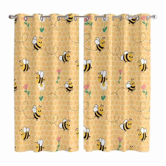 Curtains 63 Inch Length 2 Panels, Yellow Beige Bee Grommets Window Treatment Curtain, Spring Floral Elegant Pastoral Flowers Thermal Curtains Drapes for Living Room/Bathroom