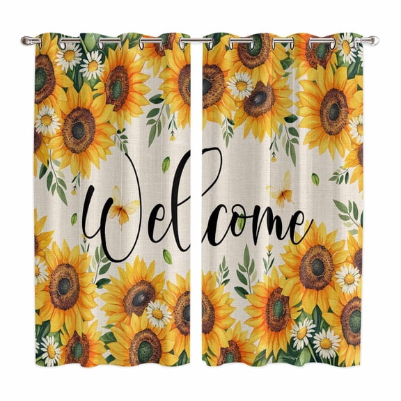 Curtains 63 Inch Length 2 Panels, Yellow Flowers Grommets Window Treatment Curtain, Spring Daisy Leaves Beige Vintage Thermal Curtains Drapes for Living Room/Bathroom