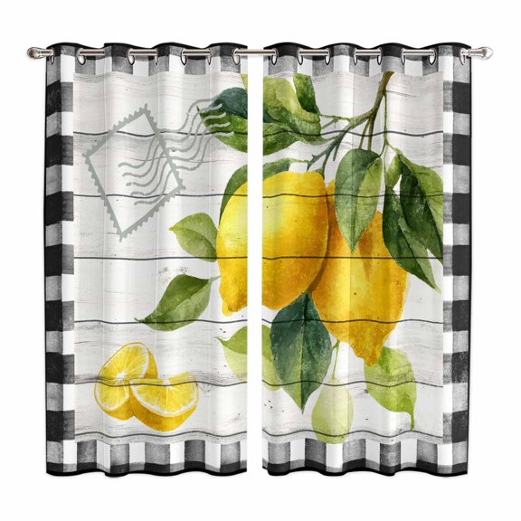 Curtains 63 Inch Length 2 Panels, Yellow Lemon Grommets Window Treatment Curtain, Summer Botanical Black White Checkered Wooden Thermal Curtains Drapes for Living Room/Bathroom