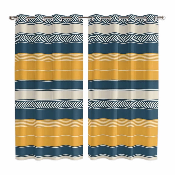 Curtains 63 Inch Length 2 Panels, Yellow Navy Blue Grommets Window Treatment Curtain, Boho Retro Farmhouse Colorful Stripes Thermal Curtains Drapes for Living Room/Bathroom