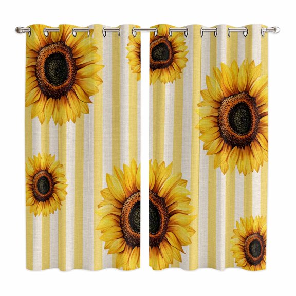 Curtains 63 Inch Length 2 Panels, Yellow Sunflower Grommets Window Treatment Curtain, Beige Vertical Striped Beige Retro Thermal Curtains Drapes for Living Room/Bathroom