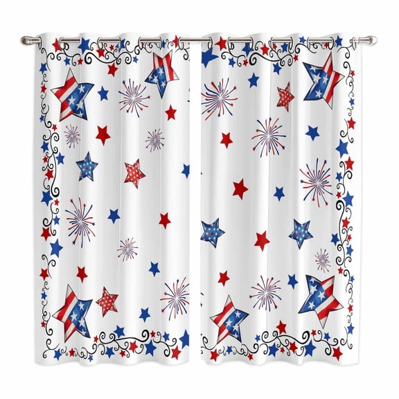Curtains 84 Inches Long 2 Panels, 4th of July Grommets Window Treatment Curtain, Independence Day Blue Red Star Firework Thermal Curtains Drapes for Living Room/Bathroom