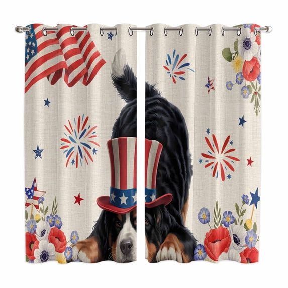 Curtains 84 Inches Long 2 Panels, 4th of July Grommets Window Treatment Curtain, Independence Day Usa Flag Dog Firework Flower Thermal Curtains Drapes for Living Room/Bathroom