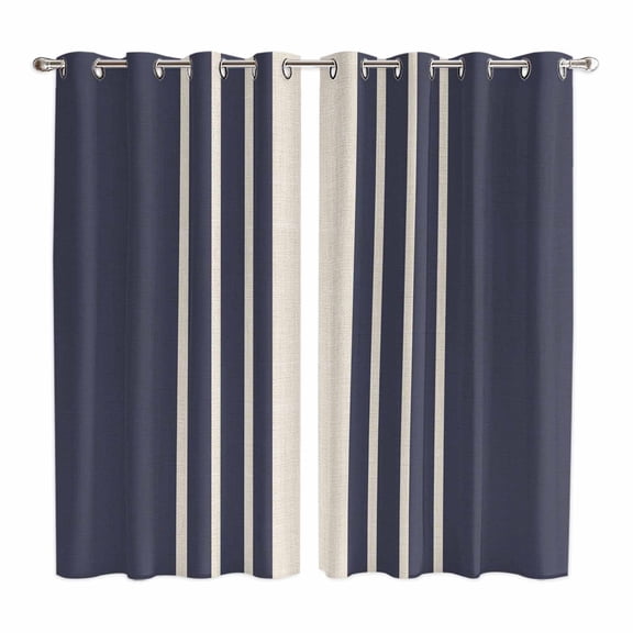 Curtains 84 Inches Long 2 Panels, Beige Striped Grommets Window Treatment Curtain, Midnight Blue Geometric Simple Retro Thermal Curtains Drapes for Living Room/Bathroom