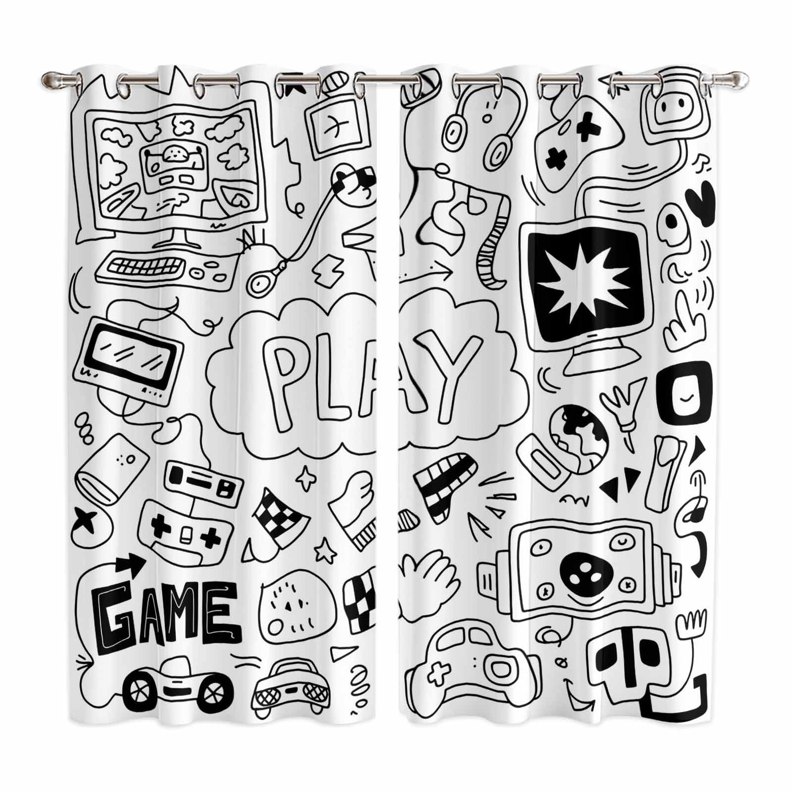 Curtains 84 Inches Long 2 Panels, Black White Video Game Grommets ...