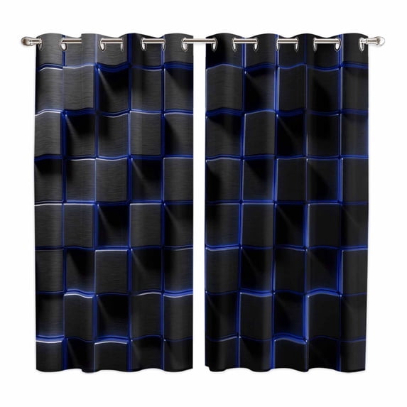 Curtains 84 Inches Long 2 Panels, Blue Black Cubes Grommets Window Treatment Curtain, Modern Geometric Abstract Art Thermal Curtains Drapes for Living Room/Bathroom