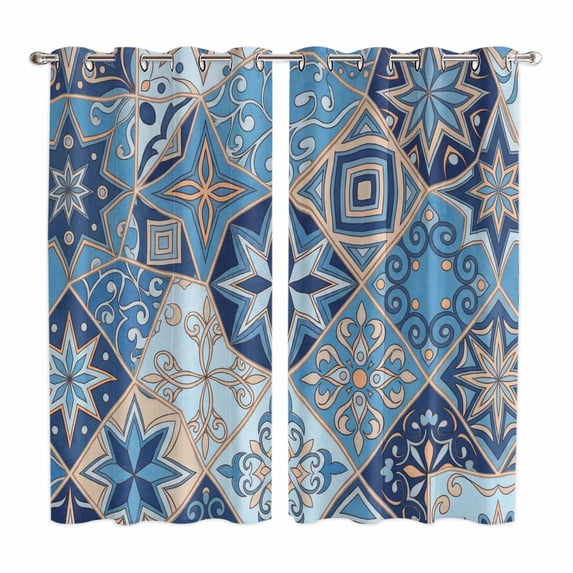 Curtains 84 Inches Long 2 Panels, Blue Boho Geometric Grommets Window Treatment Curtain, Ethnic Aztec Abstract Traditional Art Thermal Curtains Drapes for Living Room/Bathroom