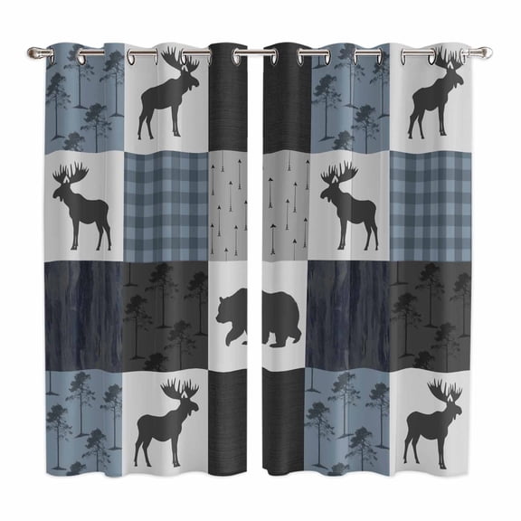 Curtains 84 Inches Long 2 Panels, Blue Cabin Check Grommets Window Treatment Curtain, Rustic Bear Elk Farmhouse Buffalo Plaid Thermal Curtains Drapes for Living Room/Bathroom