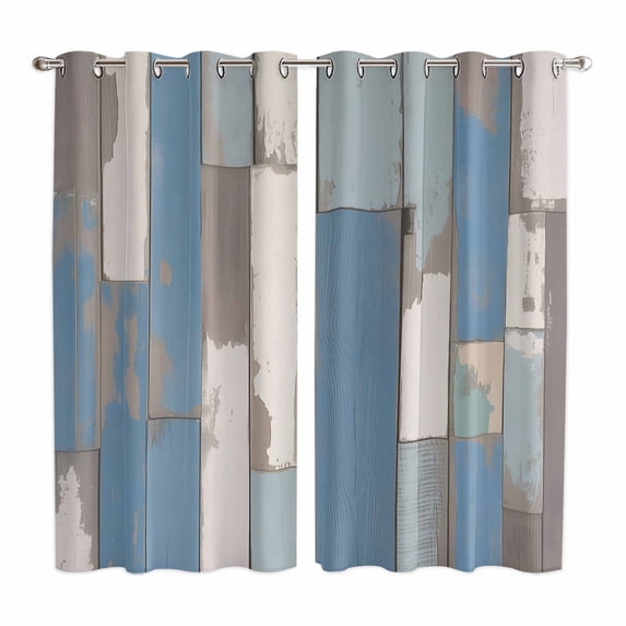 Curtains 84 Inches Long 2 Panels, Blue Wood Grain Grommets Window Treatment Curtain, Farmhouse Mottled Striped Plank Thermal Curtains Drapes for Living Room/Bathroom