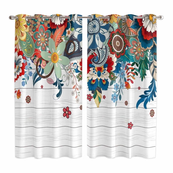 Curtains 84 Inches Long 2 Panels, Boho Flowers Grommets Window Treatment Curtain, Bohemian Abstract Floral Vintage Wood Plank Thermal Curtains Drapes for Living Room/Bathroom