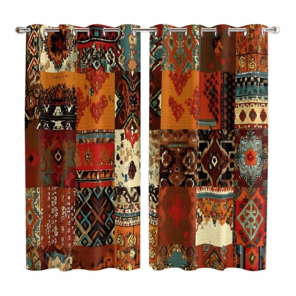 Curtains 84 Inches Long 2 Panels, Boho Vintage Grommets Window Treatment Curtain, Brown Ethnic Middle Century Geometric Thermal Curtains Drapes for Living Room/Bathroom