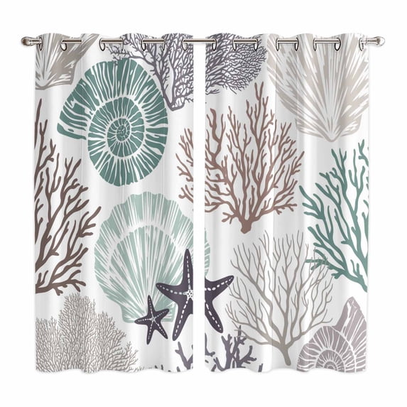 Curtains 84 Inches Long 2 Panels, Coastal Coral Grommets Window Treatment Curtain, Nautical Ocean Beach Conch Shells Starfish Thermal Curtains Drapes for Living Room/Bathroom
