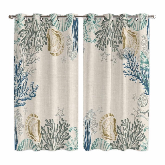 Curtains 84 Inches Long 2 Panels, Coastal Coral Grommets Window Treatment Curtain, Turquoise Blue Shell Conch Starfish Thermal Curtains Drapes for Living Room/Bathroom